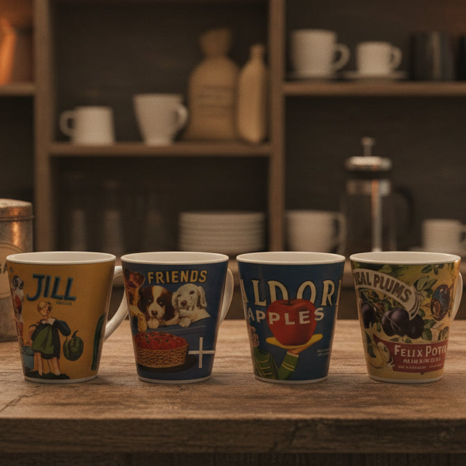 Set of 4 Oneida Vintage Labels Stoneware Mugs