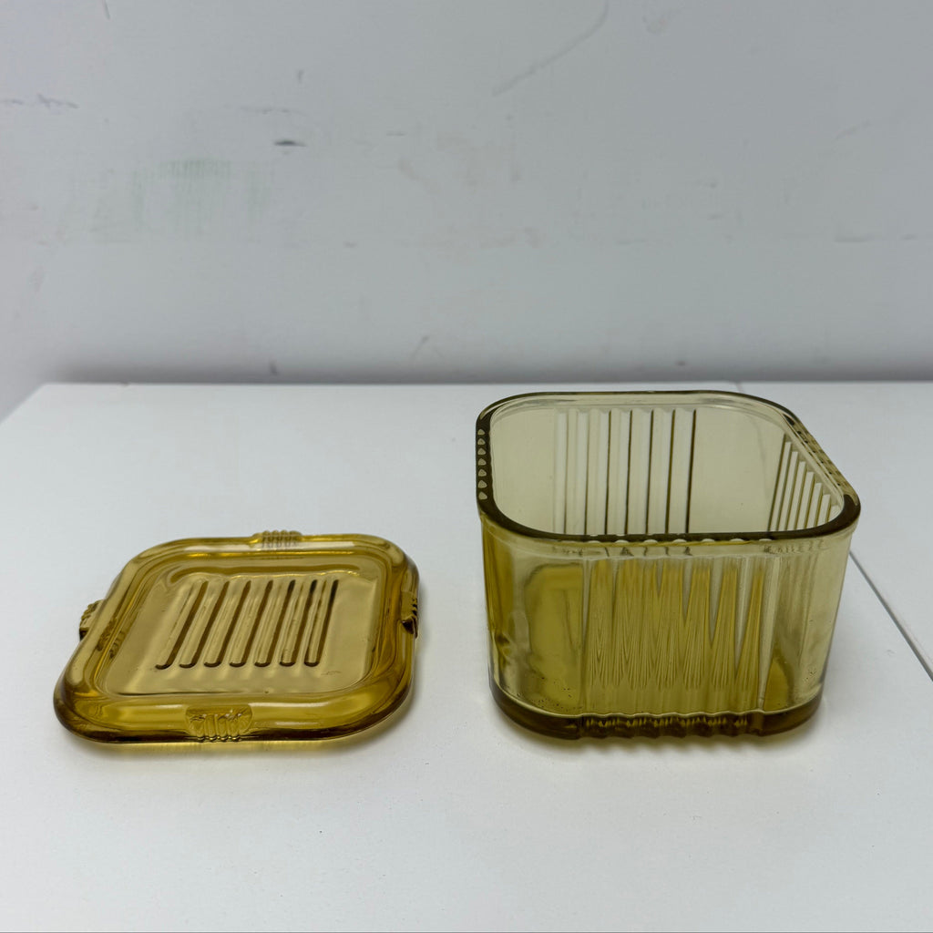 Vintage Federal Glass Refrigerator Dish with Lid - Honey Amber