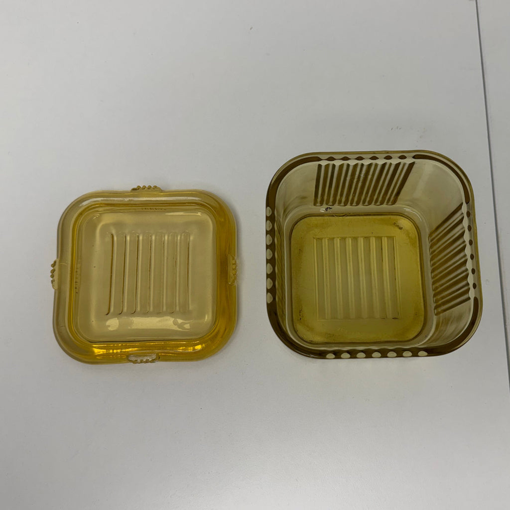 Vintage Federal Glass Refrigerator Dish with Lid - Honey Amber