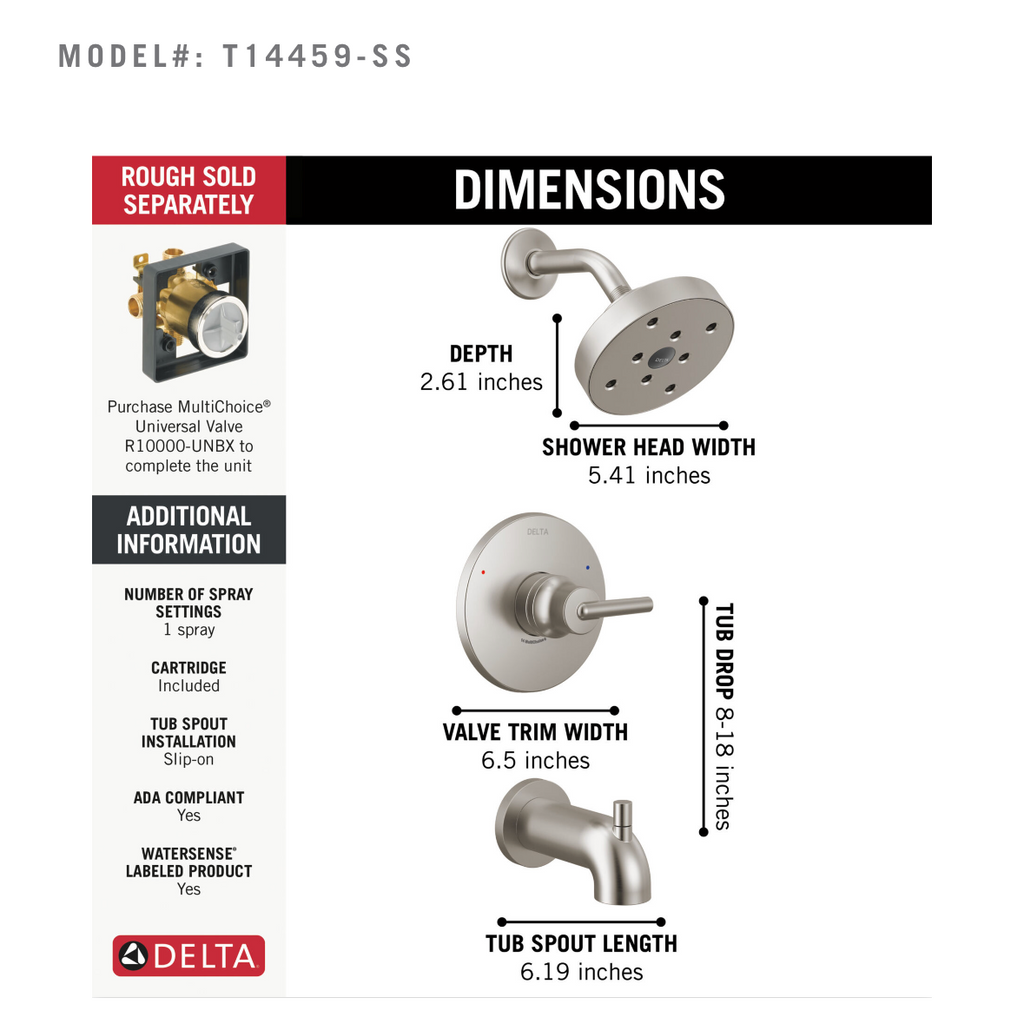 Delta Trinsic Monitor 14 Series H2OKinetic Tub & Shower Trim in Stainless (T14459-SS)