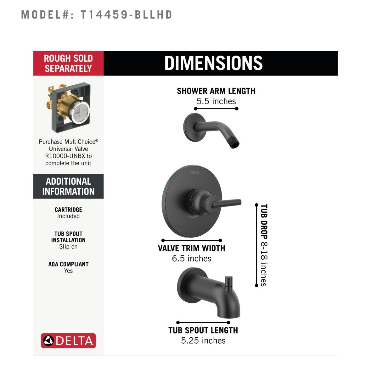 Delta Trinsic Monitor 14 Series Tub & Shower Trim - Less Head in Matte Black (T14459-BLLHD)