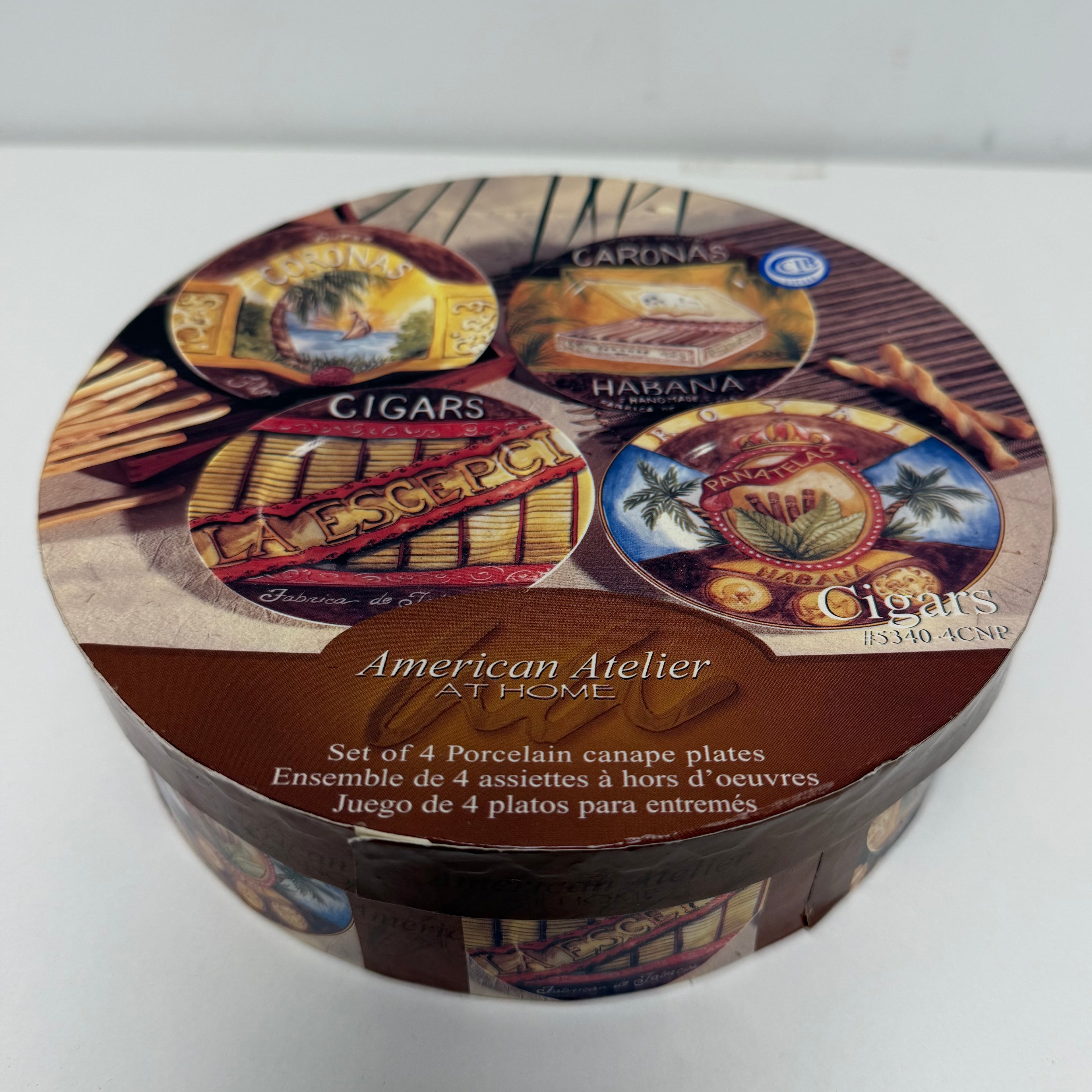 Set of 4 American Atelier Porcelain Canape Cigar-Themed Plates