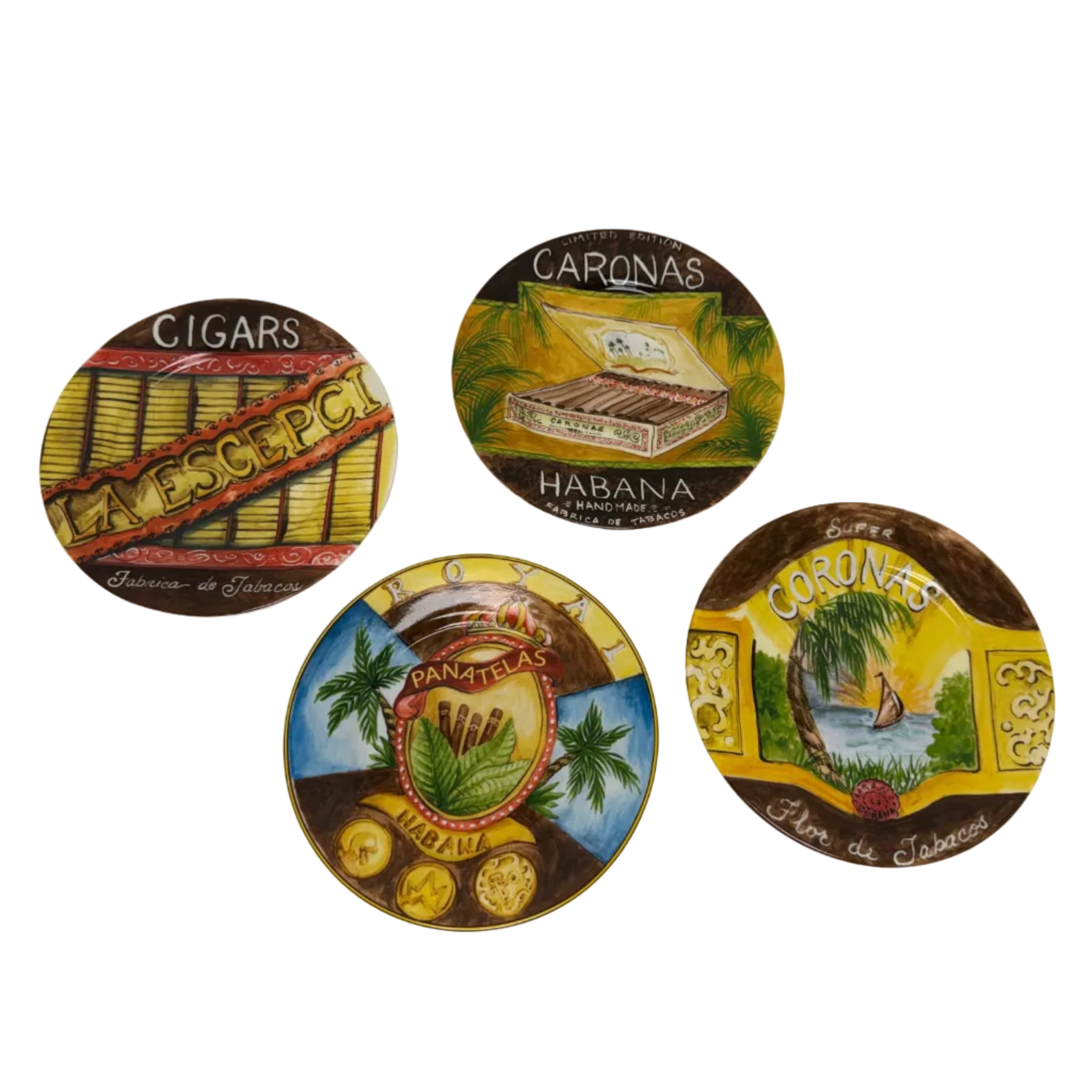 Set of 4 American Atelier Porcelain Canape Cigar-Themed Plates