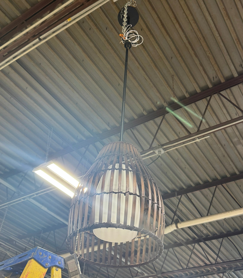 Minka Lavery - Brentwood Shore Pendant Light with Bamboo and Etched Opal Glass Shade