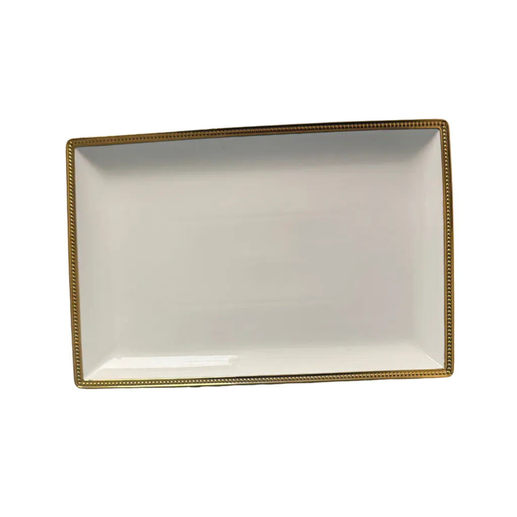 Large White Ceramic Tray with Gold Trim