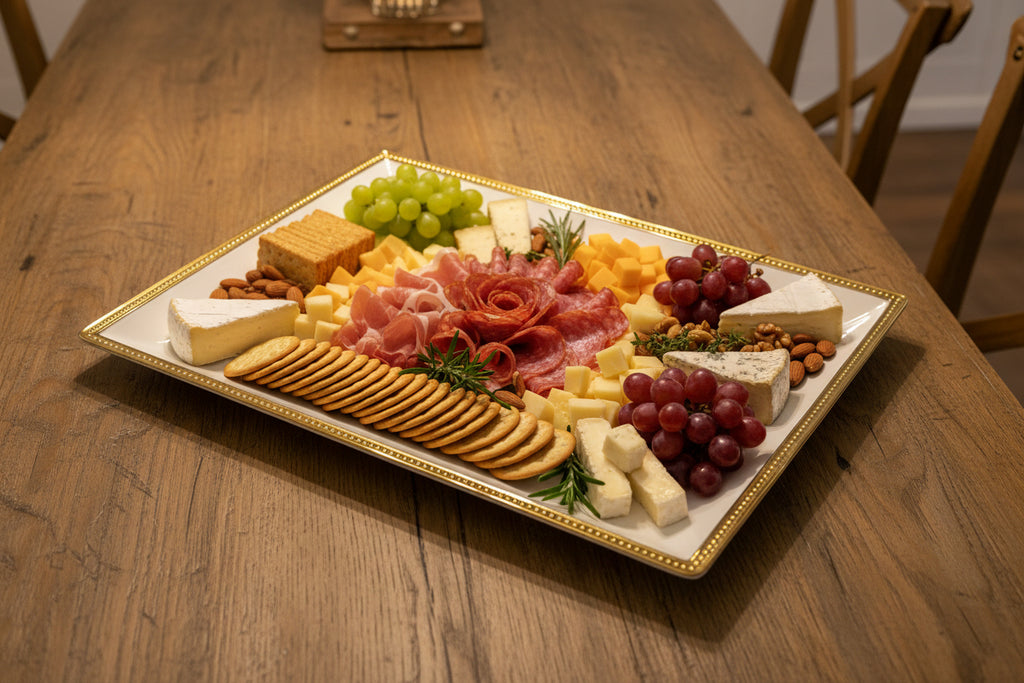 Large White Ceramic Tray with Gold Trim