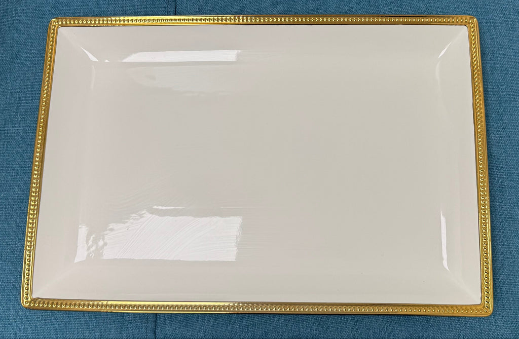 Large White Ceramic Tray with Gold Trim