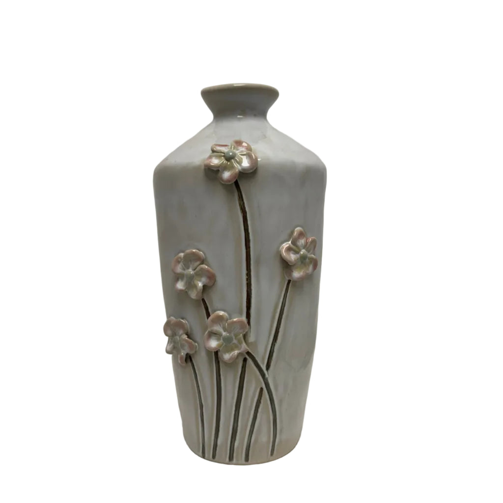 Tall Ceramic Vase with 3-D Sculpted Flowers