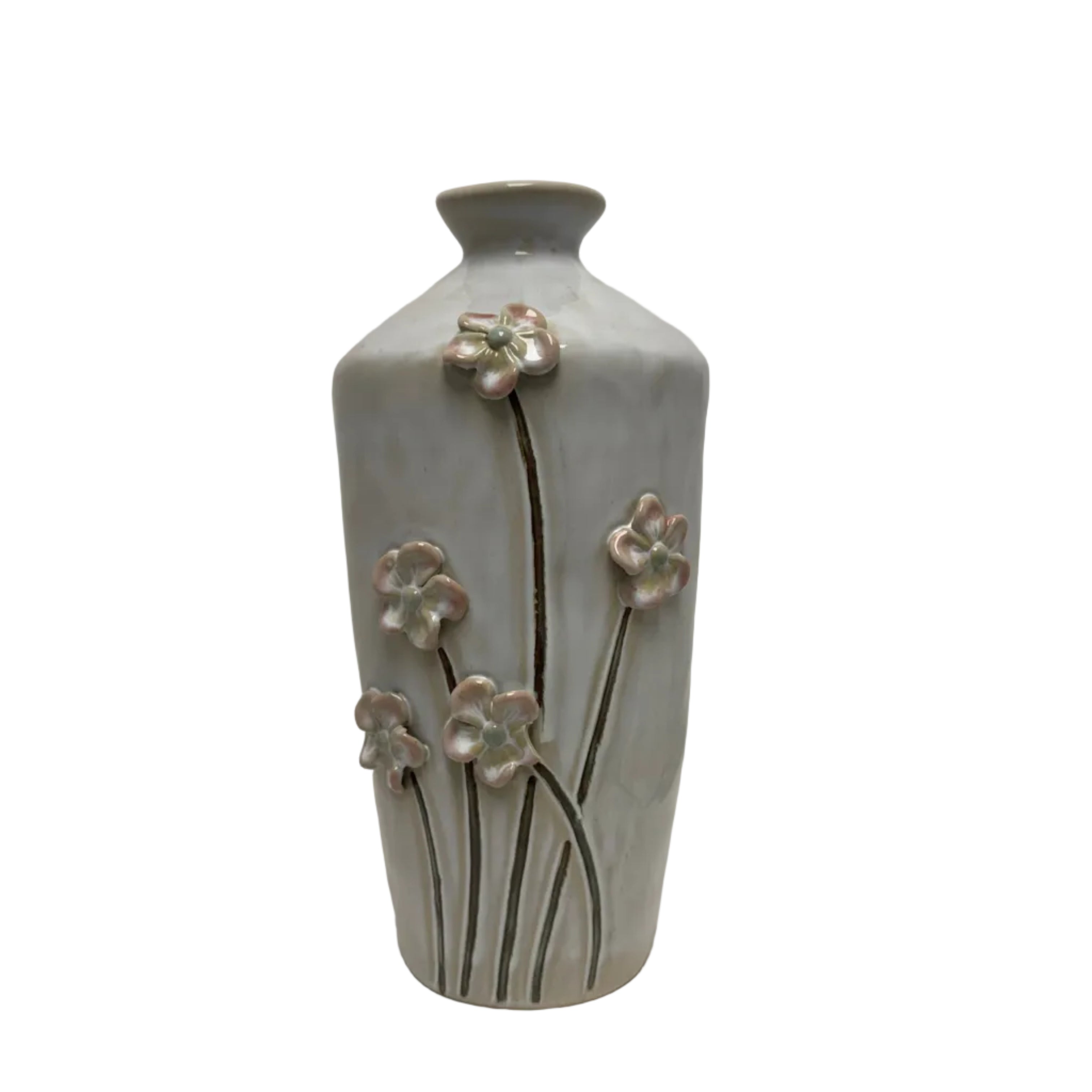 Tall Ceramic Vase with 3-D Sculpted Flowers
