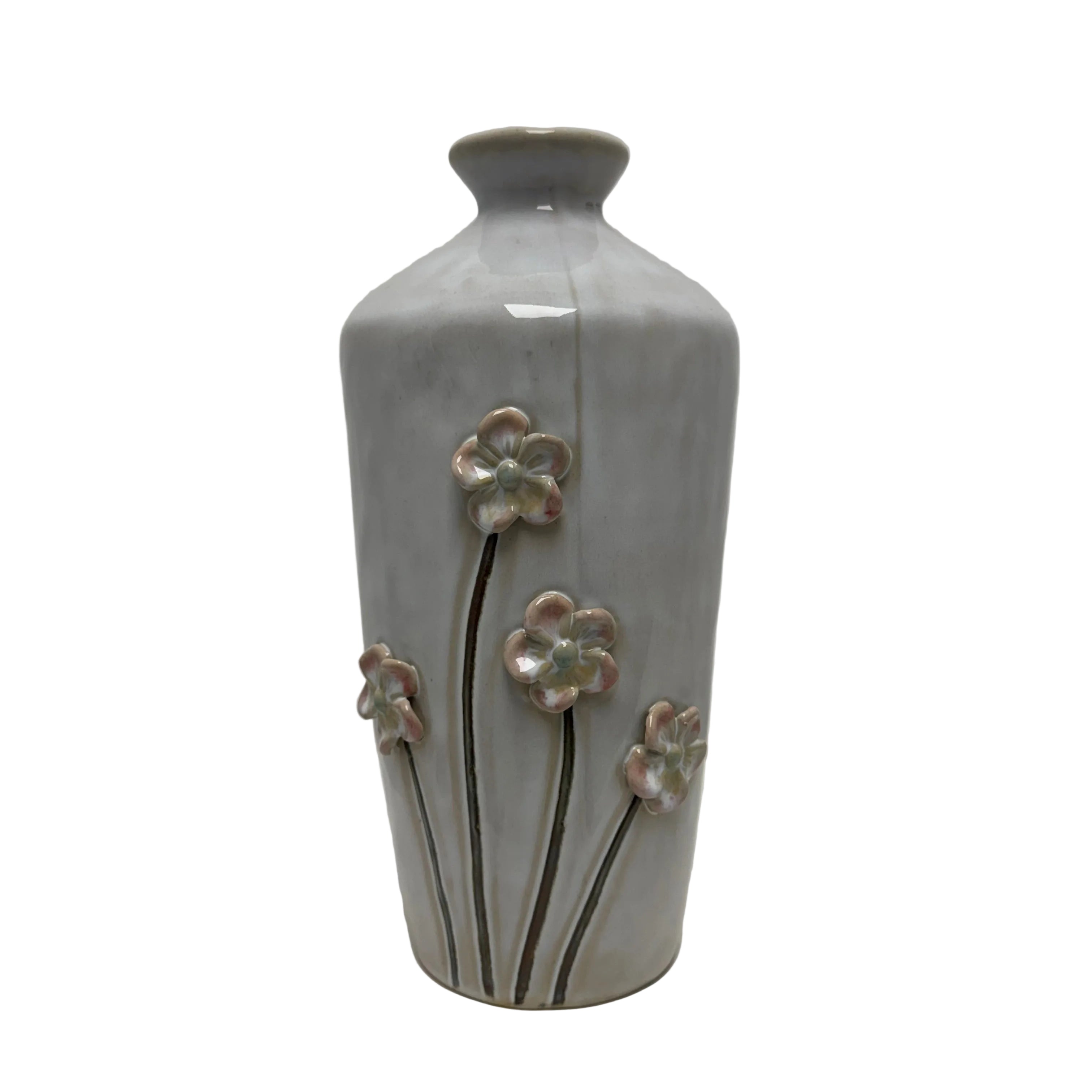 Tall Ceramic Vase with 3-D Sculpted Flowers