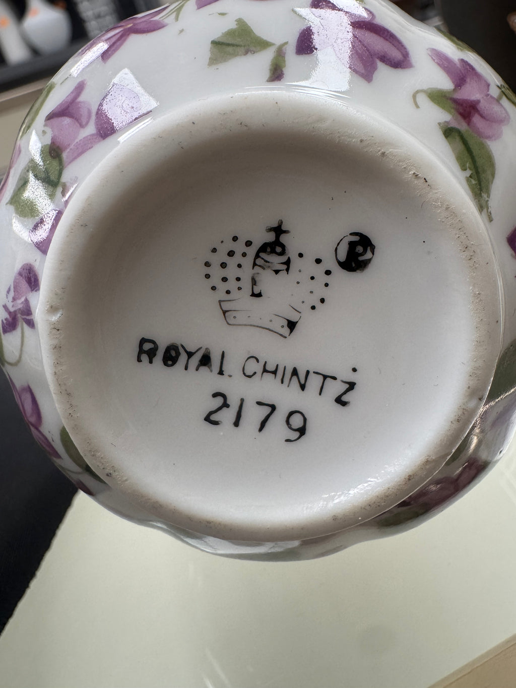 Vintage Royal Chintz Porcelain Creamer Pitcher with Violet Floral Design and Gold Trim