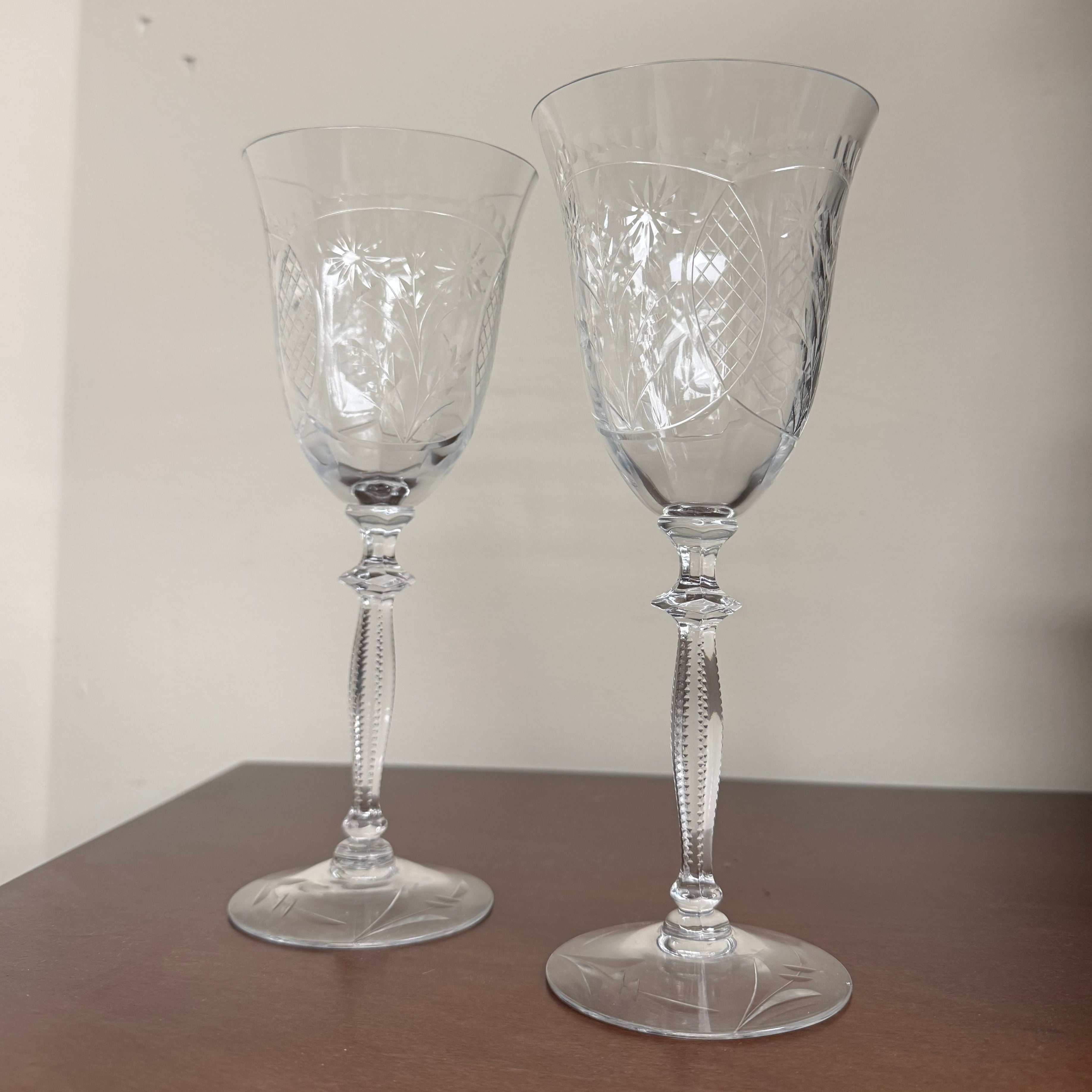 Etched Crystal Floral Design Water Goblets (Set of 2)