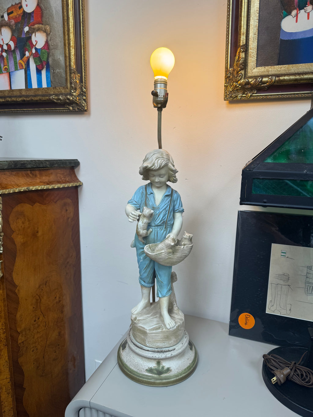 Victorian Style Figural Boy with Cats Lamp