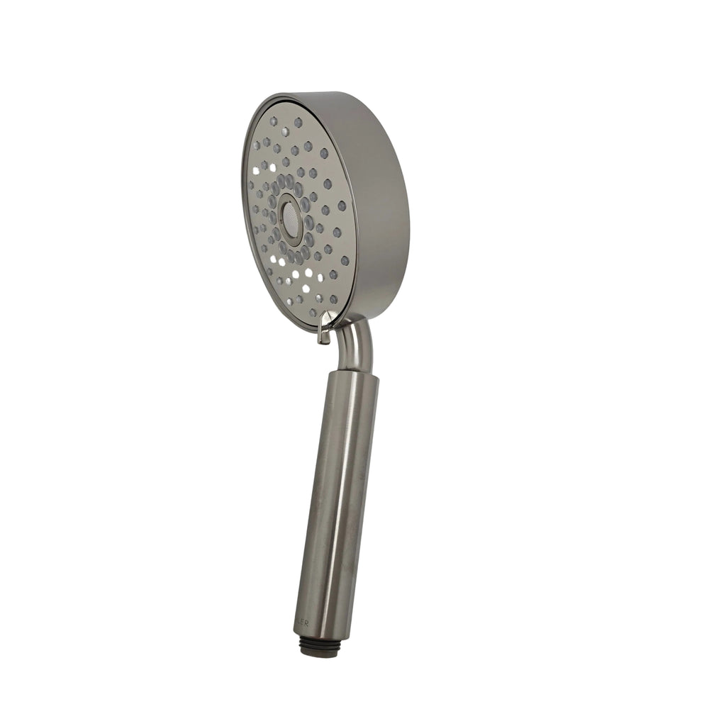 A modern stainless steel handheld shower head with a circular spray head and a straight cylindrical handle, shown mounted against a plain white wall.