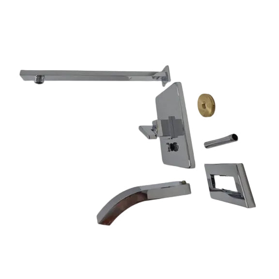 A modern chrome shower fixture set with a curved hand shower arm, rectangular wall plate, and control valves, shown installed on a white wall corner.