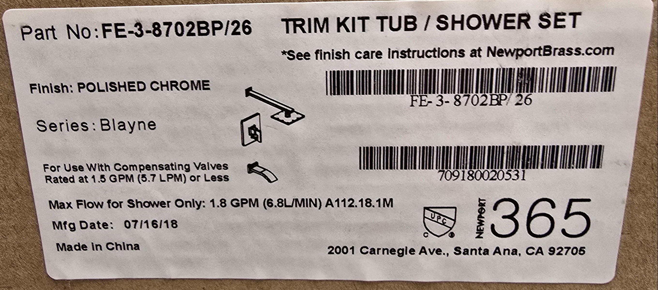 Newport Brass Trim Kit Tub Shower Set Series Blayne Polished Cr (HM) (3-8702BP/26)