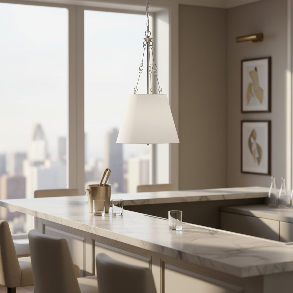 Satin Nickel Pendant Light with White Lampshade