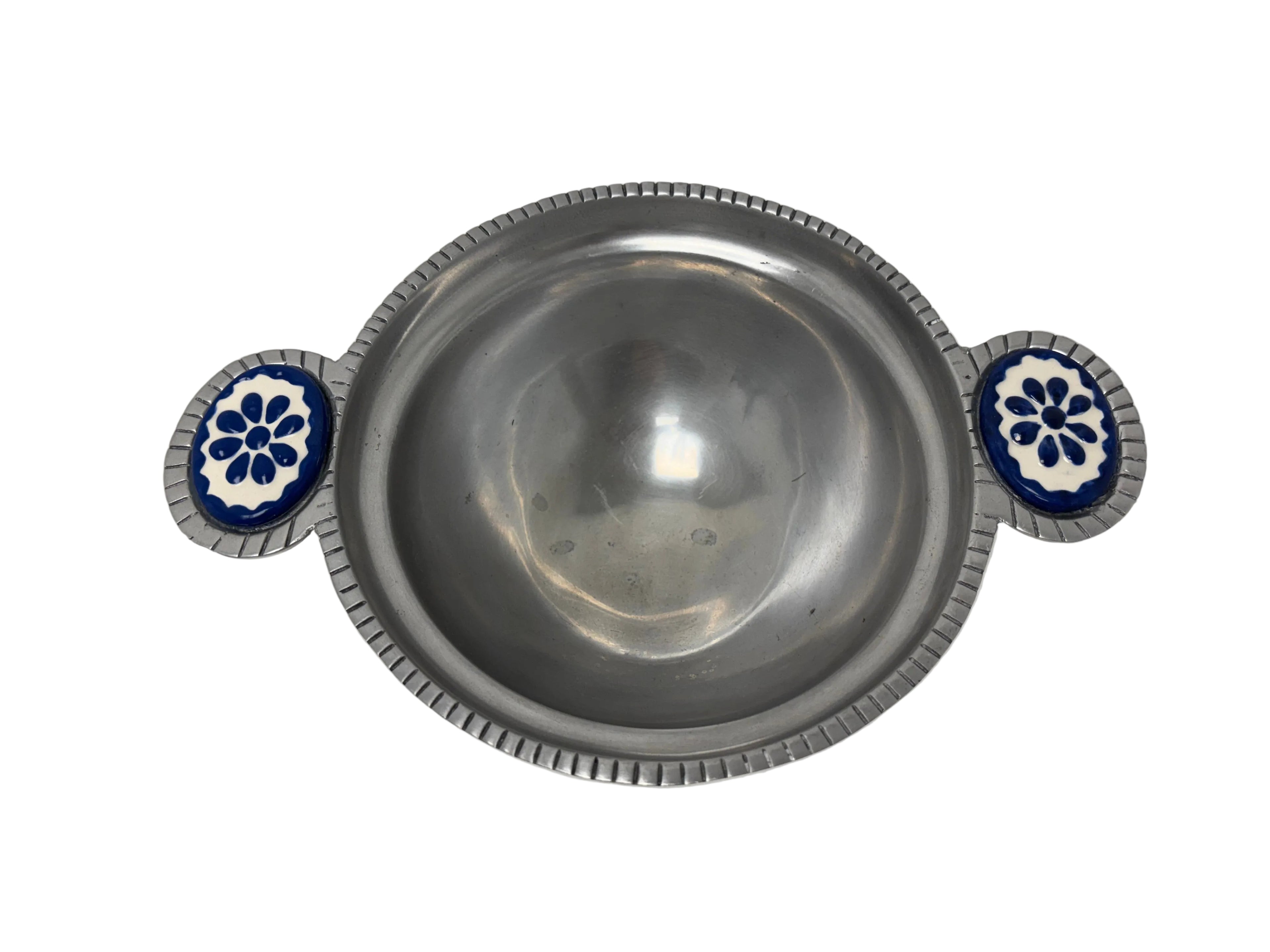 Vintage Mexican Pewter Bowl with Ceramic Inlay Handles