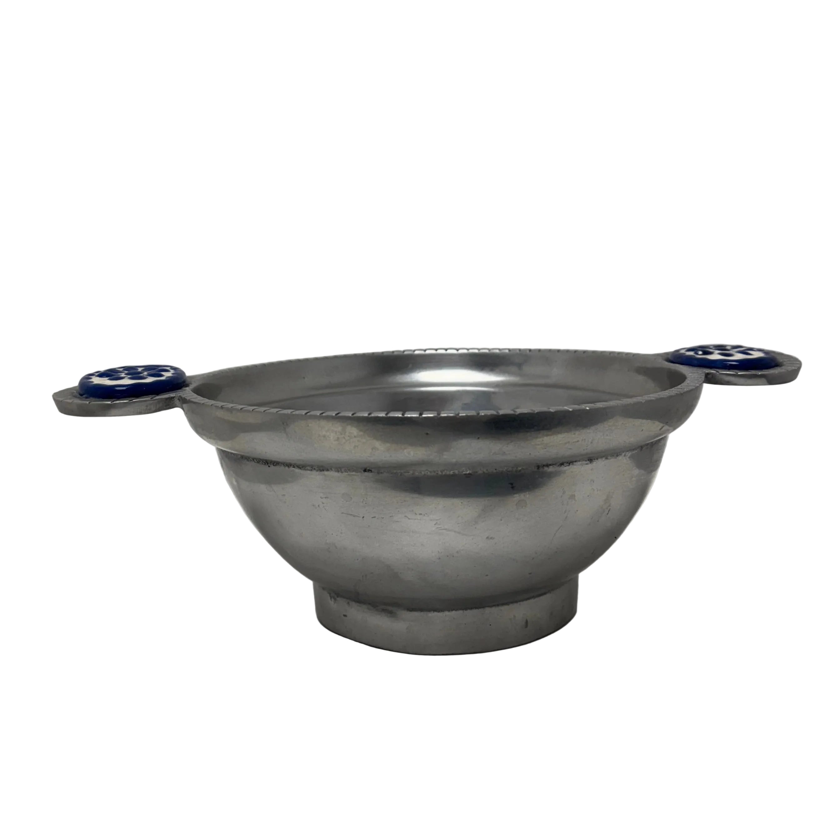 Vintage Mexican Pewter Bowl with Ceramic Inlay Handles