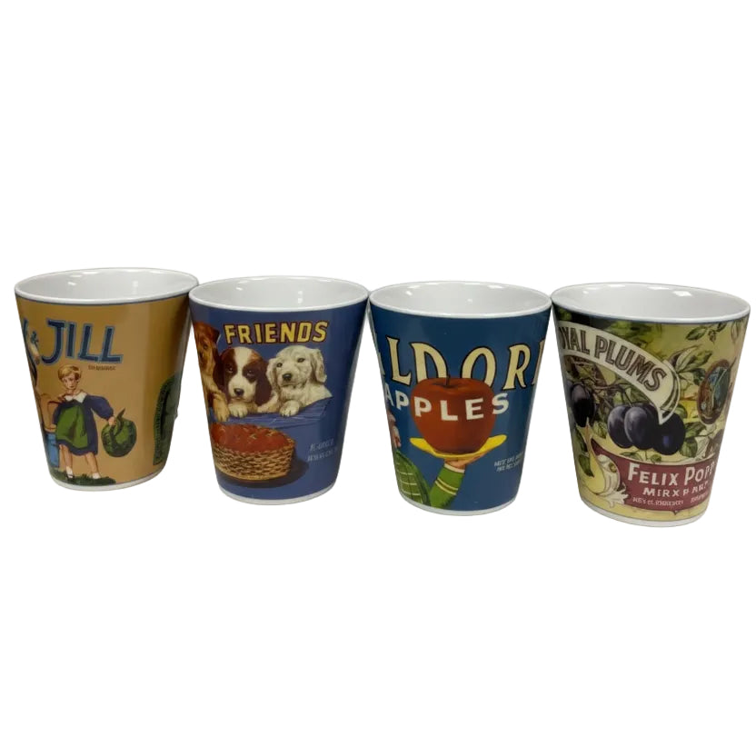 Set of 4 Oneida Vintage Labels Stoneware Mugs