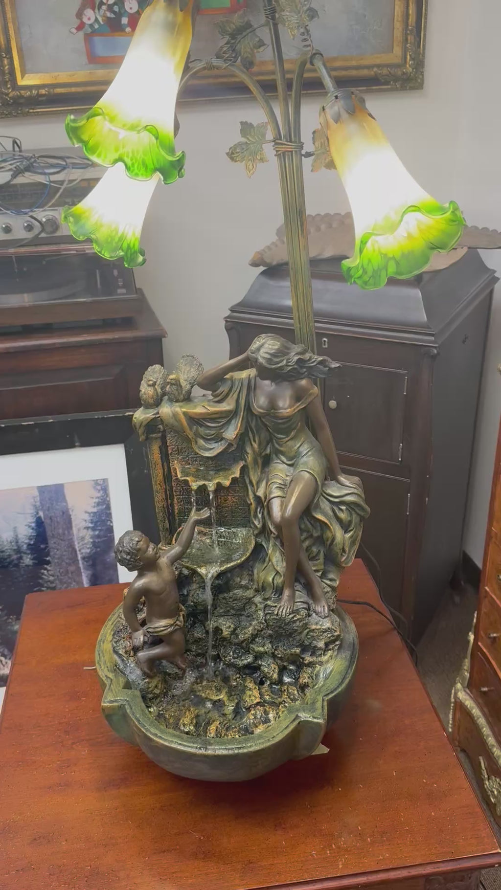 Art Nouveau Style Figural Lamp with Lily Shades and Waterfall